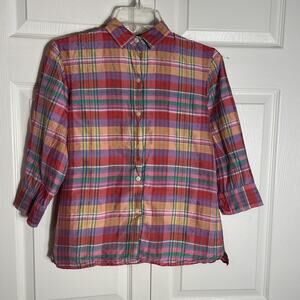 Vintage Y2K Ralph Lauren Shirt Women 4‎ Purpl Yellow Silk Madras Plaid USA Made